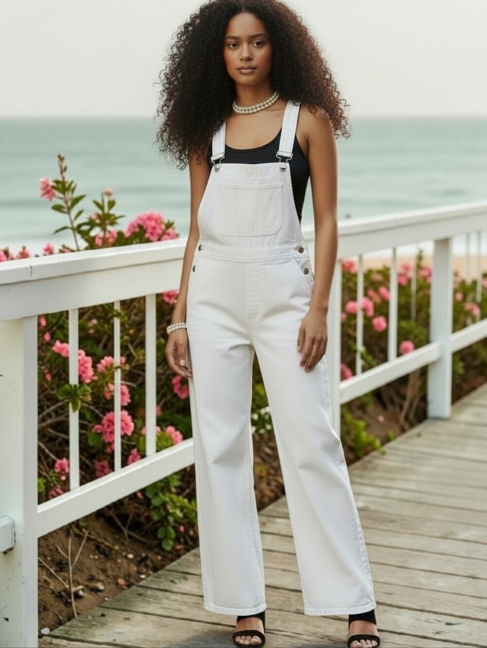 Shein White Denim Overalls Women's Size L Wide Leg Raw Hem Classic Streetwear